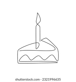 Piece of birthday cake with candle vector one line continuous drawing illustration. Hand drawn linear silhouette icon. Minimal design element for print, banner, greeting card, brochure.