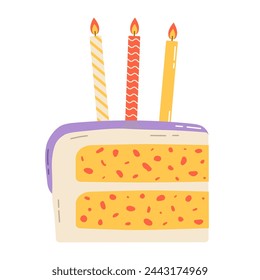 Piece of birthday cake with candles. Flat vector isolated illustration