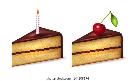 Piece of birthday cake and cake with chocolate and cherry isolated on white background