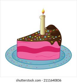 A piece of birthday cake with icing with a candle. Vector illustration
