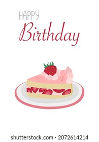 Piece of birthday cake on a happy birthday greeting card. Birthday card with printable cake. Vector illustration of sweets