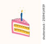 A piece of birthday cake with one candle on a light background, drawing, hand drawn illustration