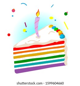 piece of birthday cake with one candle. Cake multi-colored like a rainbow