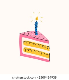 A piece of birthday cake with one candle on a light background, drawing, hand drawn illustration