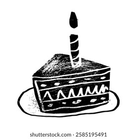 A piece of birthday cake with one candle on a white background, textured drawing, hand drawn illustration