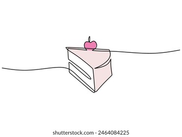 Piece of birthday cake with pink cherry topping in one continuous line drawing style isolated on white background. Sweet food concept vector illustration.
