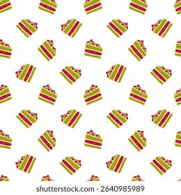A piece of birthday cake seamless pattern. Pistachio raspberry dessert hand drawn cartoon vector illustration. Sweet holiday bakery for packaging, fabric, menu backgrounds and gift wrapping