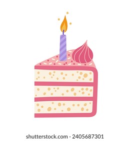 Piece of birthday cake, vector icon. Tasty sweet dessert with a burning candle, biscuit, cream, pink icing, sprinkles. Baking slice isolated on white. Flat cartoon clipart for greeting cards, print