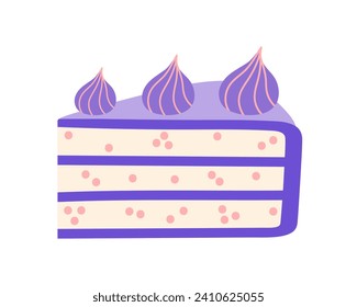 Piece of birthday cake, vector icon. Tasty dessert with biscuit, cream, meringue, purple icing and mastic. Baking slice isolated on white. Sweet pastry. Flat cartoon clipart for cards, invitations