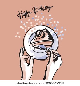 Piece of birthday cake and woman hands. Birthday greeting card. Hand-drawn sketch in pastel colors. Vector illustration clip-art. 