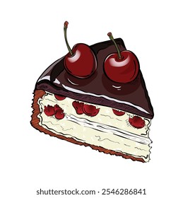 Piece of birthday chocalate cake with cherry . Hand drawn holiday vector illustration. Isolated on white background.