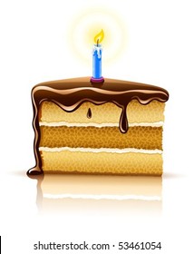 piece of birthday chocolate cake with burning candle vector illustration, isolated on white background