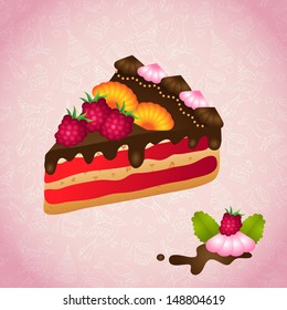 piece of birthday chocolate cake on cute background 