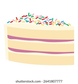 Piece of birthday sponge yogurt cake with sprinkles decor on topping isolated on white background. Slice of tasty sponge cake. Vector illustration