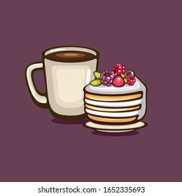 Piece of Biscuit cake with cream and berries and cup of hot drink. Sweet food Vector illustration. Logo for confectionery and template for menu decoration.