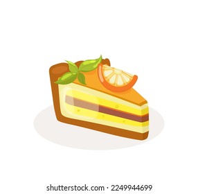A piece of biscuit cake with orange and mint. Decoration for menu, posters, wallpapers. Vector illustration in cartoon style