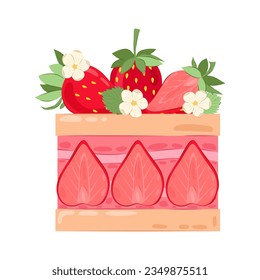 A piece of biscuit dessert with pink cream and strawberry halves. Cake decorated with ripe strawberries flowers and leaves.