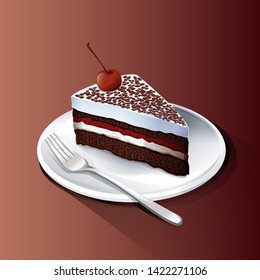 A piece of black forest cake on white plate and fork