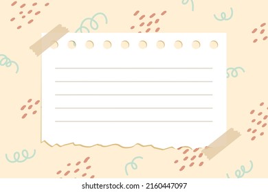 Piece of blank paper note stick with tape on abstract soft pastel color background. Template for message, banner, presentation, announcement, memo, writing, advertising. Flat vector illustration.