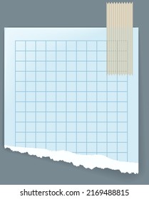 Piece of blank paper from notebook or notepad glued with adhesive tape. Sticky wrinkled paper tape for fixing, with creases torn edges damaged surface. Scotch masking, textbook sheet and fix element