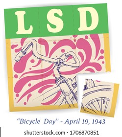 Piece of blotter paper with psychedelic colors and bicycle draw in it, resembling the first LSD "trip" in 1943 also called "Bicycle Day".