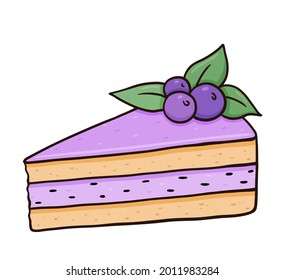 Piece of blueberry cake decorated with berries and mint. Vector hand-drawn illustration isolated on white background. Perfect for cards, menu, logo, invitations, decorations.