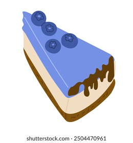 Piece of blueberry cheesecake with berries and chocolate crusts in flat style. Vector flat birthday illustrations isolated on white background. Good for decoration, sticker and logo. Birthday concept