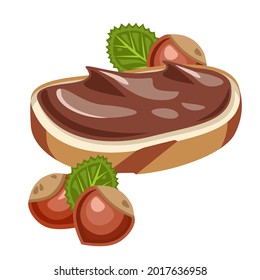 Piece of bread with cream. Chocolate butter. Hazelnuts. Vector illustration.