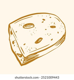Ein Stück Brot doodle Vektorgrafik, braune Umrisse auf beigem Hintergrund, Skizzenzeichnung, Gravur