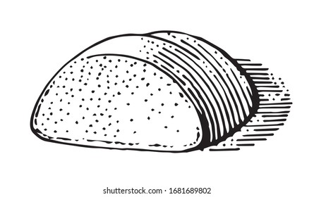 A piece of bread. Hand drawing. Sliced half loaf. Quick sketch. Pencil, felt-tip pen, paper. Trace Isolated vector illustration for banner, label, logo, brand.