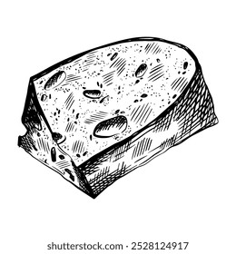 Un pedazo de dibujo de croquis de pan, grabado, Ilustración vectorial, contorno negro sobre un fondo blanco