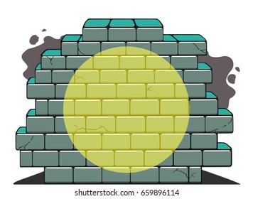 a piece of bright graffiti brick wall cracks and under the light of a flashlight