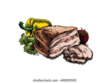 Piece of brisket with tomato, yellow pepper and green lettuce