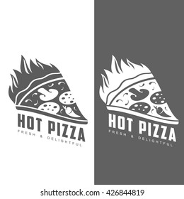 piece of burning pizza logo, vector illustration. slice of pizza with mushrooms salami, Italian food