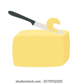 piece of butter is cut off with knife, butter brick isolated on white background, flat style