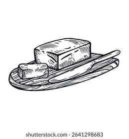 Piece of butter on a board with a knife and a piece of butter, all objects are drawn with ink. Vector illustration of food. Suitable for printing on paper, food packaging, store design.
