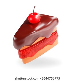Piece of cake, 3d dessert icon with chocolate cream, jam and cherry vector isolated on white