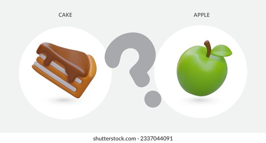 Un trozo de tarta y manzana. Concepto dietético con objetos 3D de colores y signo de interrogación. Elegir entre comida saludable y no saludable. Banner sobre el fondo de color en el estilo plasticino