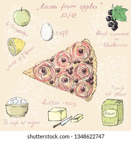 Piece of cake. Apple pie with recipe and ingredients. Bakery products. Vector food illustration.
