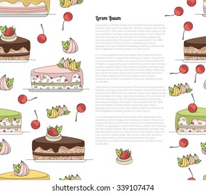 Piece of cake background. Sweet dessert sign. Vector Seamless background. 
