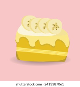 A piece of cake with banana decoration suitable for menu posters wallpapers vector illustration in cartoon style. Eps 10 