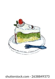 piece of cake with berries watercolor illustration	
