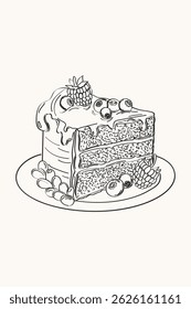 A piece of cake with berries and whipped cream. Hand-drawn vector illustration in the style of pencil sketch .Sketch congratulations, poster, invitation in retro style.Line art. Vector illustration