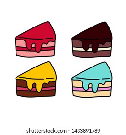 
piece of cake with berry. cartoon style. food vector illustration. set