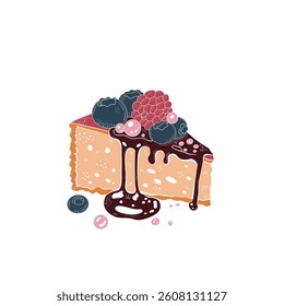 Piece of cake with berry and chocolate. Isolated, in vector technique. Sweet vector cake 