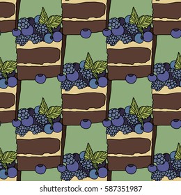 Piece of cake with bilberry, vector illustration, pattern, desert, tasty food