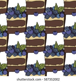Piece of cake with bilberry, vector illustration, pattern, desert, tasty food