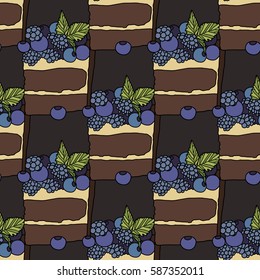 Piece of cake with bilberry, vector illustration, pattern, desert, tasty food