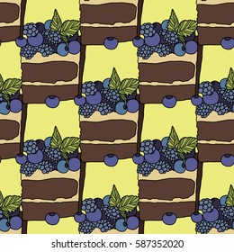 Piece of cake with bilberry, vector illustration, pattern, desert, tasty food