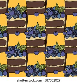 Piece of cake with bilberry, vector illustration, pattern, desert, tasty food